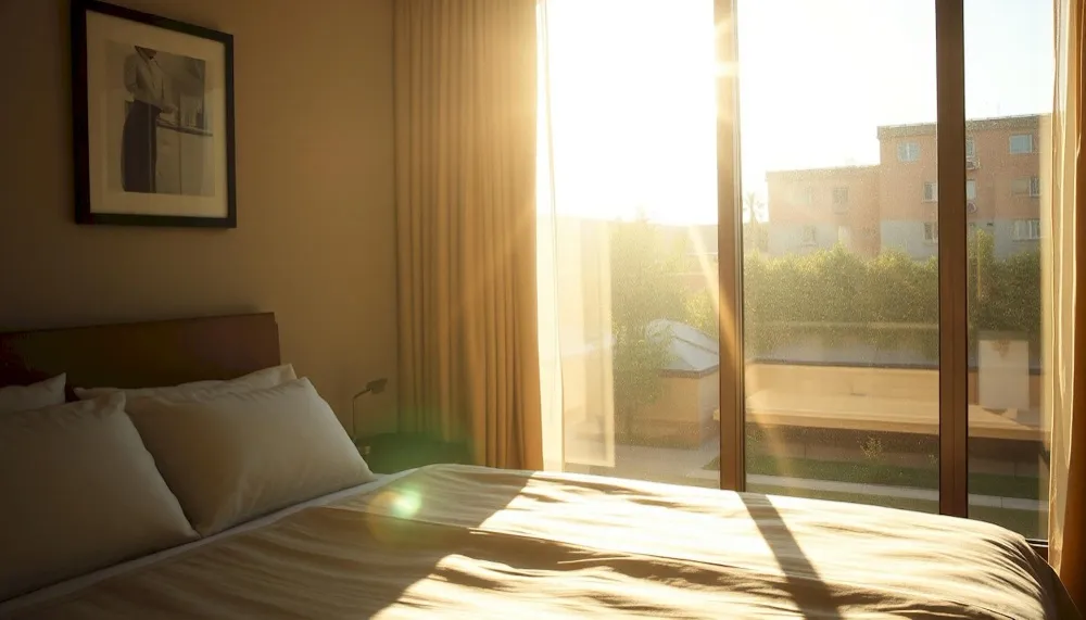 Chambre ensoleillée Chambre chaleureuse avec lit double, grandes baies vitrées et lumière du soleil couchant, ambiance cosy et relaxante.